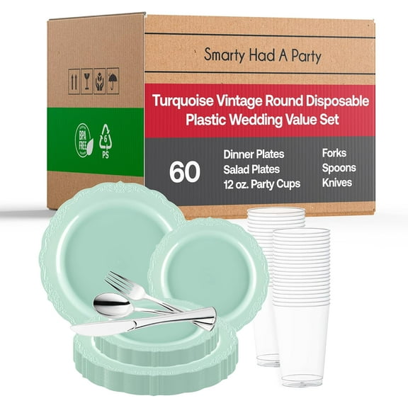 Smarty Had A Party 360 Piece Turquoise Plastic Dinnerware Set for 60 Guests, Includes Plastic Plates, Silverware Set, Clear Cups, Disposable Plates, Perfect for Weddings, Parties & Events