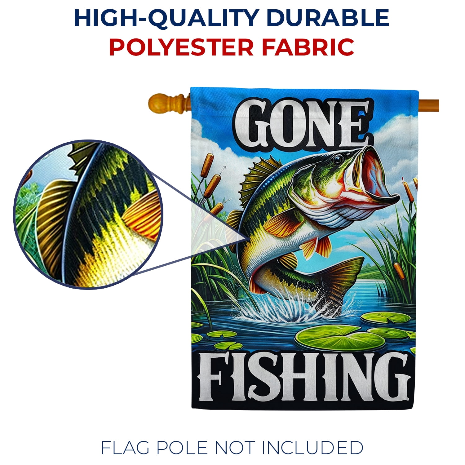 America Forever Gone Fishing Bass House Flag, 28 x 40 inch Double Sided, Lake Adventure Banner, Outdoor Fishing Decor, Angler Yard Flag
