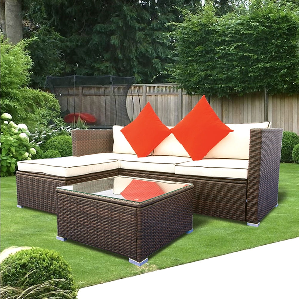 Kepooman 3 Piece Outdoor Sectional Sofa Set Wicker Rattan Patio Furniture w/ Pillow - Cream Cushion Kepooman 3 Piece Outdoor Sectional Sofa Set Wicker Rattan Patio Furniture w/ Pillow - Cream Cushion