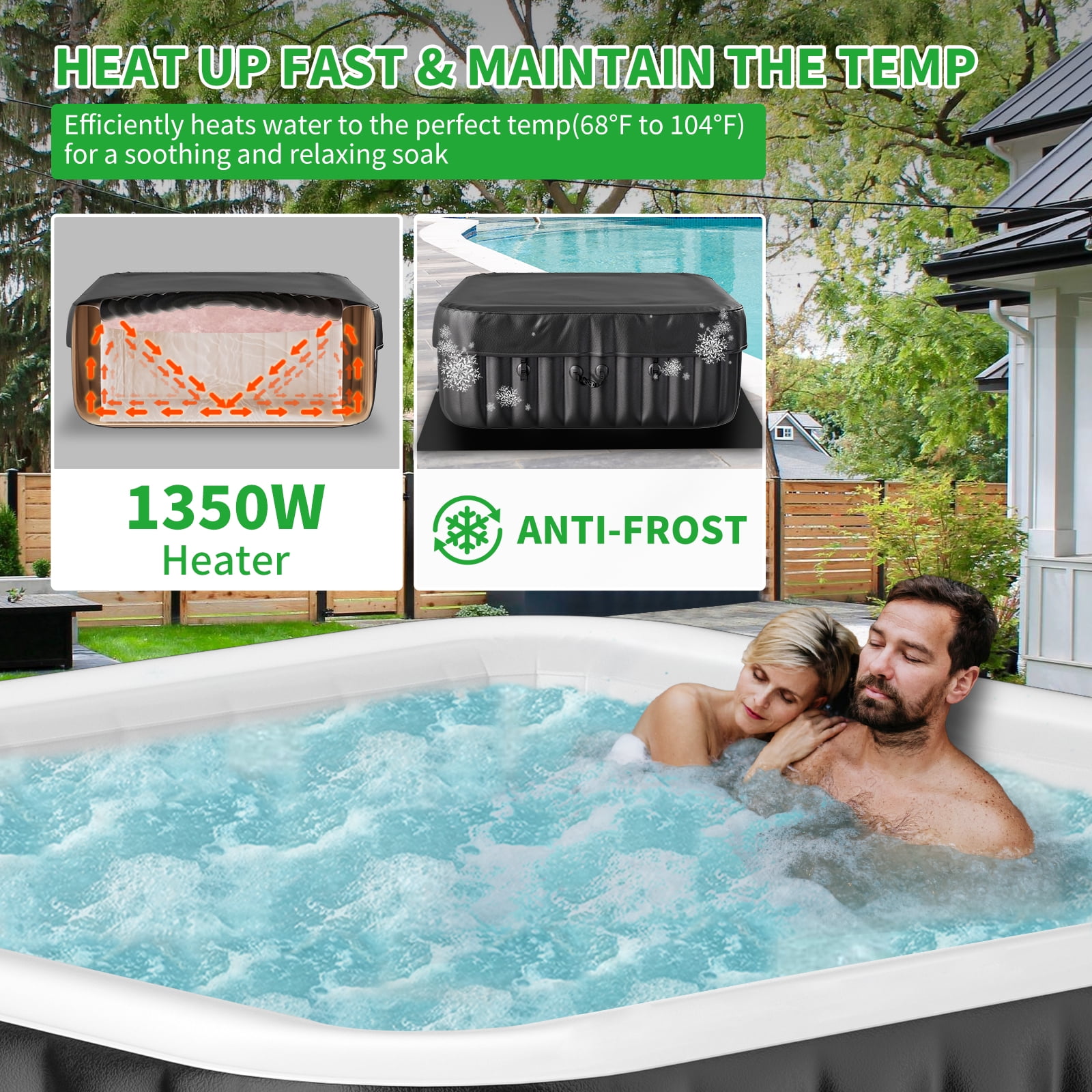 MOPHOTO 4-6 Person Inflatable Hot Tub, 73” X 73”X 25” Large Square Blow Up Portable Hot Tub, Leak-Proof PVC Outdoor Spa with 130 Air Jets, Insulated Cover and Heater Pump