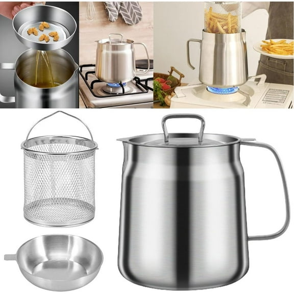 Germany Stainless Steel Fryer and Oil Filter, 53/70oz Large Capacity Oil Filter Pot, 304 Versatile Oil Filter Pot, Bacon Grease Saver with Strainer for Kitchen Storing Cooking (53oz/1.5L)