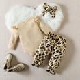 thumbnail image 3 of PatPat Newborn Baby Girls Ribbed Romper Striped Pants with Headband Outfit Set,3PCS Long Sleeve Letter Print Jumpsuit Leopard Ruffle Bottoms with Headband Infant Baby Clothes,0-18Month, 3 of 7