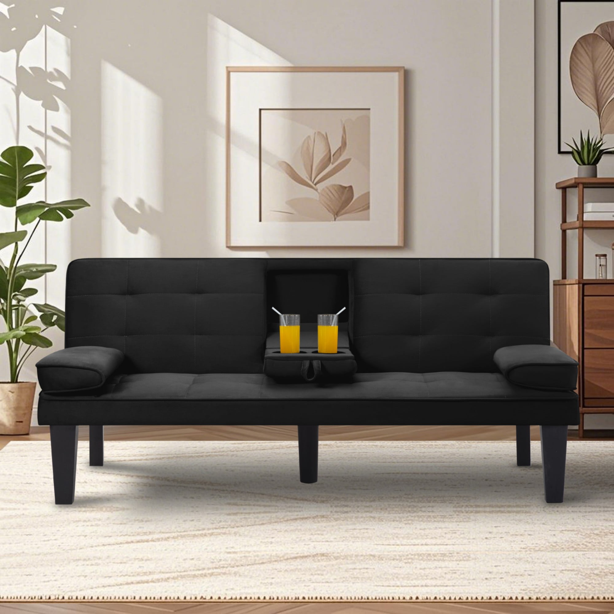 Gewnee 65''Futon Sofa Bed,3-Position Adjustable Folding Multi-Functional Sleeper Sofa with Cup Holder,Suitable for Living Room,Office and Guest Room.(Black)