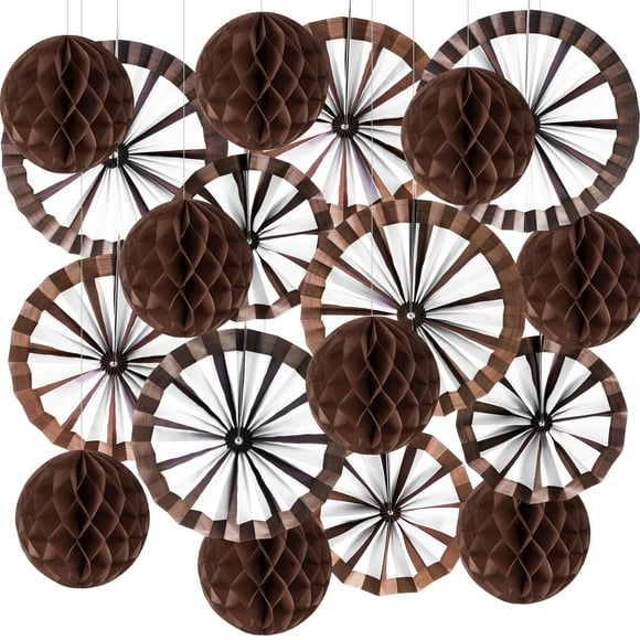 Outus 21 Pcs CORNETWestern Party Hanging Decoration Wagon Paper Fans Brown Paper Pom Poms Country Western Hanging Fans Honeycomb Balls for Wild Cowboy Themed Birthday Party Supplies Decor (Chic)