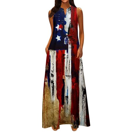 

Hvyesh Women s Independence Day Dresses Summer Plus Size Maxi Dress Beach Print V Neck Sundresses Comfortable Sleeveless Breezy Dresses 2023 Beige