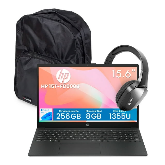 Combo Laptop HP 15T-FD000B Intel Core CI7-1355U 8GB RAM 256GB SSD 15.6" FHD Windows 11 Home Negra + Audifonos y Mochila