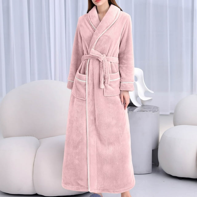 DPTALR Womens Solid Bandage Robe Bathrobe Gown Pajamas Long Sleepwear Pocket Waistband+Belts