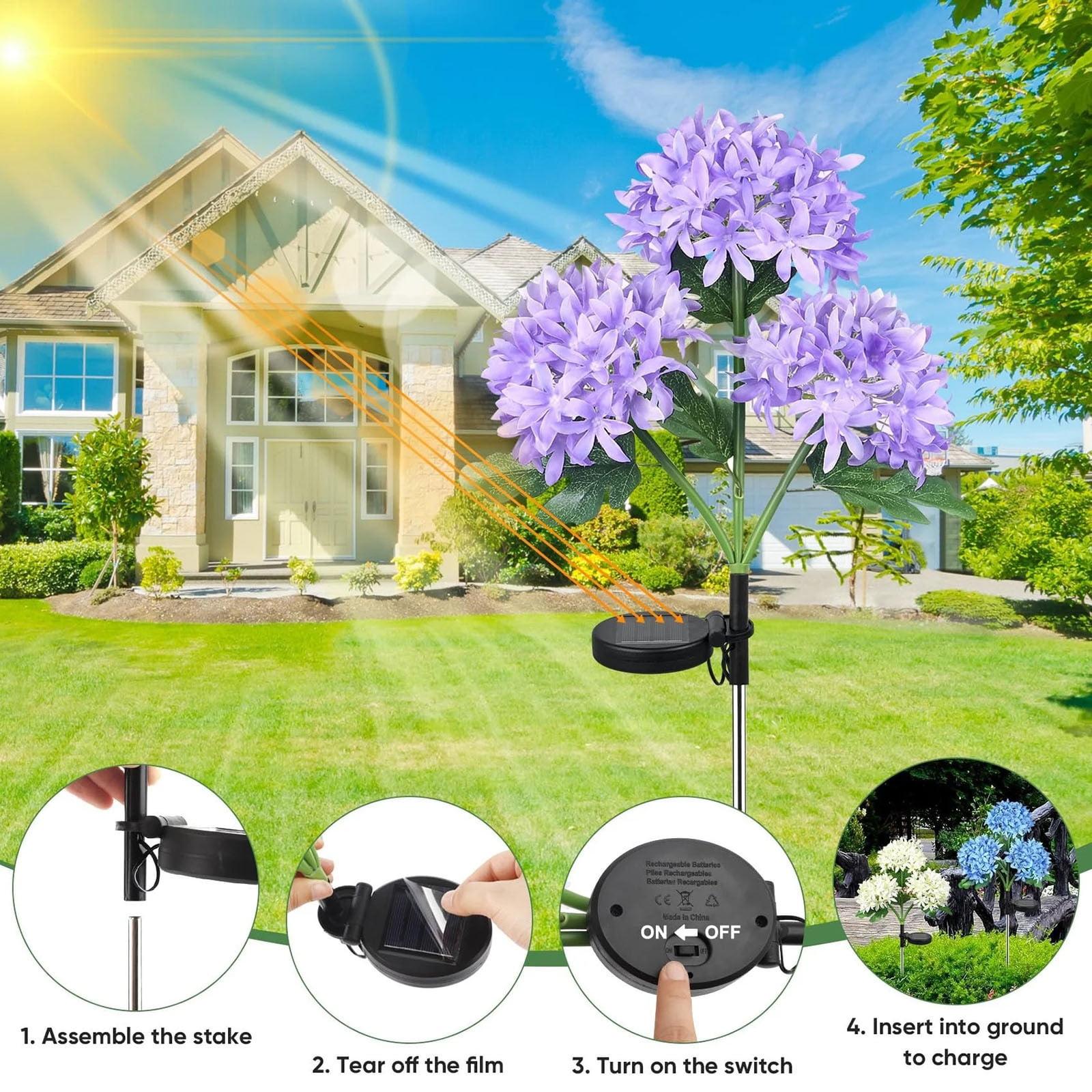 Uiz Merueh Solar Garden Lights - Upgraded Version Outdoor Lights, Colorful Hydrangea Flower Light for Yard Decor, Garden Decoration, Two Lightning Modes & Enlarged Solar Panel