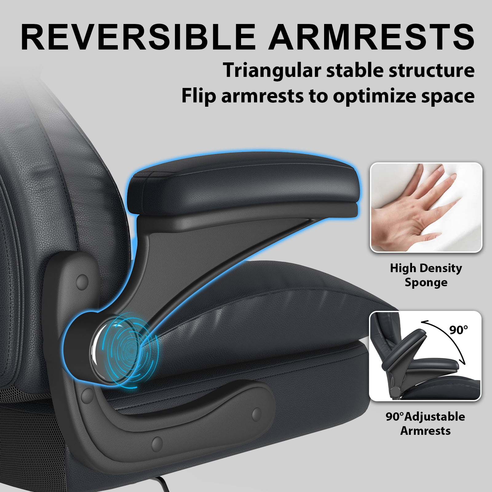 Hovos Big and Tall Office Chair with Flip-up Arms, Ergonomic Home Computer Desk Leather Chair, 360° Swivel Computer Desk Chair, Quiet Nylon Wheels, Black