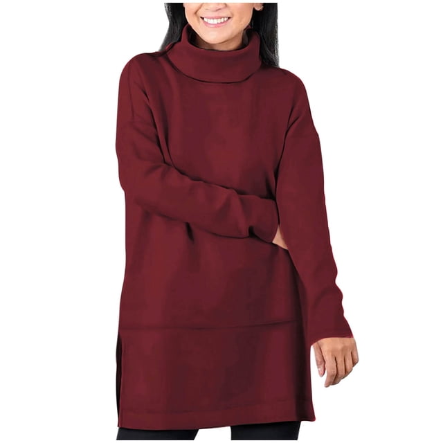 aidice Hauts Grande Taille pour Femmes Col Haut Manches Longues Chemises Amples Taille Fendue Automne Hiver