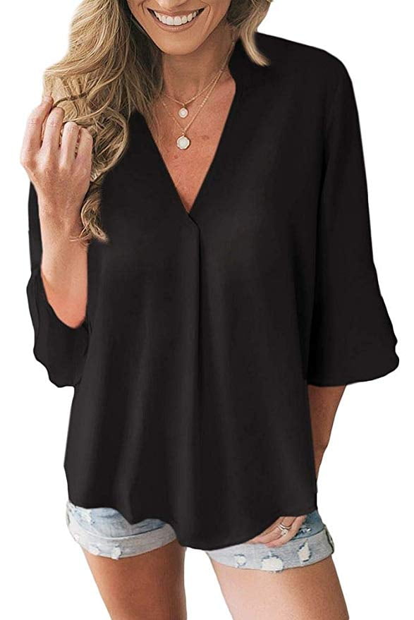 Women's V Neck Flowy 3/4 Bell Sleeve Chiffon Blouse | Walmart Canada