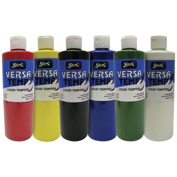 Sax Versatemp Liquid Tempera Paint, 1 Pint Bottles, Assorted Colors, Set of 6