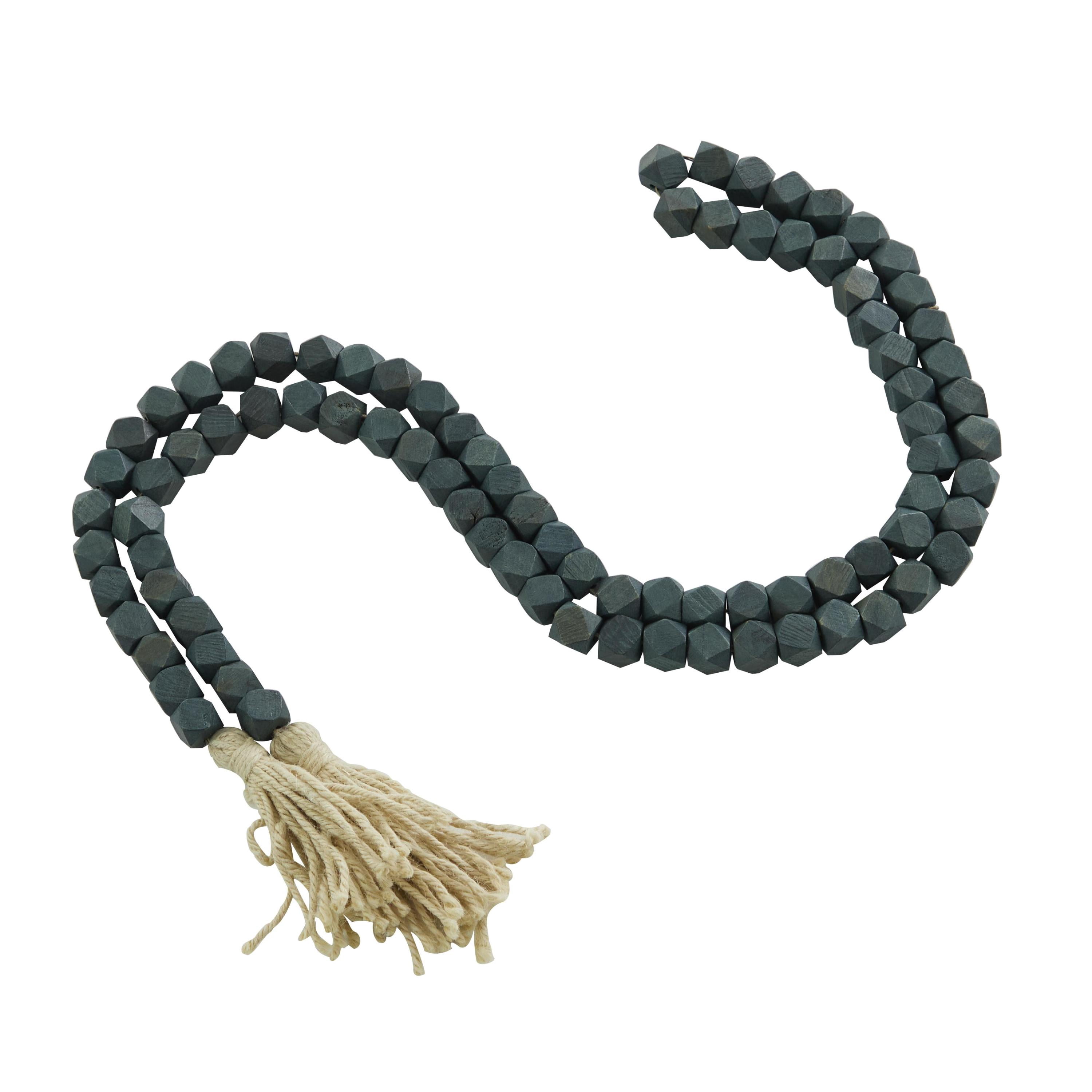 DecMode Green Wood Bohemian Garland Décor with Geometric Bead Details and Cream Cotton Tassel, 82"L