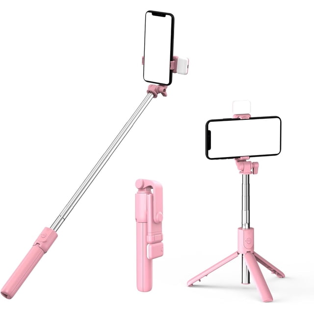 KOMI Selfie Stick with Tripod Stand and Wireless Remote, Compatible with Phones, Live Streaming and Photography Pink+LED Light