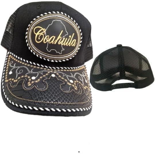Gorra de Coahuila Hat, Adjustable Unisex, Charro Style, Polyester/Acrylic, Embroidered Snake Skin Design in Black