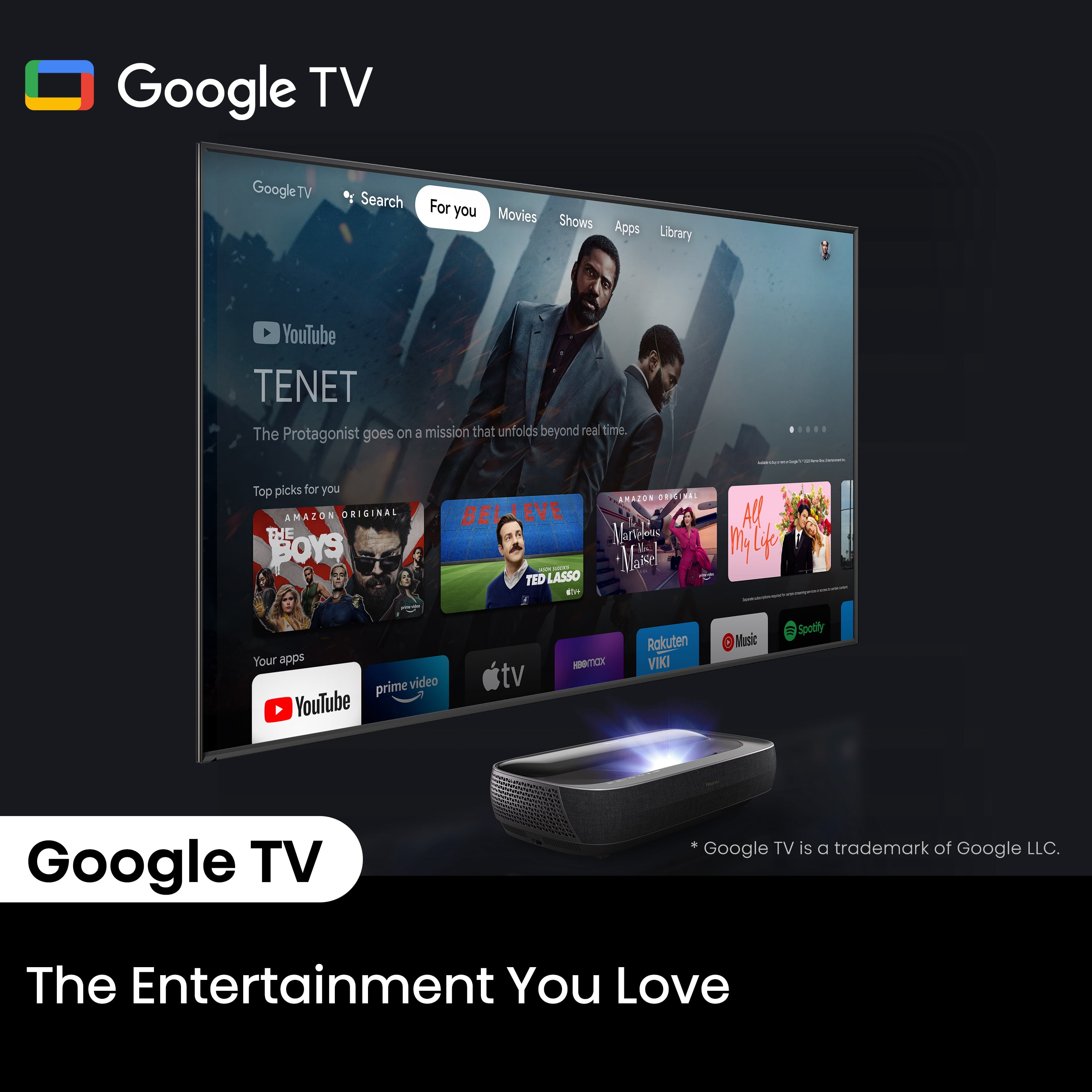Hisense L9H TriChroma 4K Ultra Short Throw Laser TV Projector with 120" Ambient Light Rejecting Screen, Dolby Vision, Dolby Atmos, & Google TV