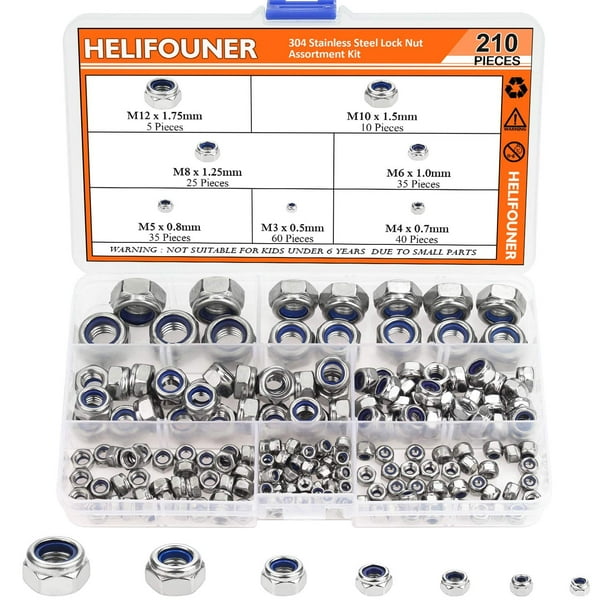 Helifouner 210 Piezas 7 Tamaños 304 Kit Surtido De Tuercas De Seguridad De Acero Inoxidable (M3 M4 M5 M6 M8 M10 M12)