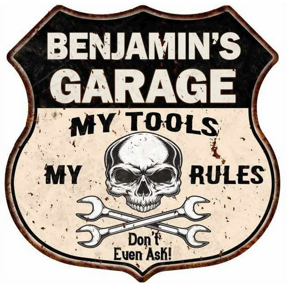 BENJAMIN'S Garage My Tools My Rules Skull 12x12 Metal Sign 211110025069