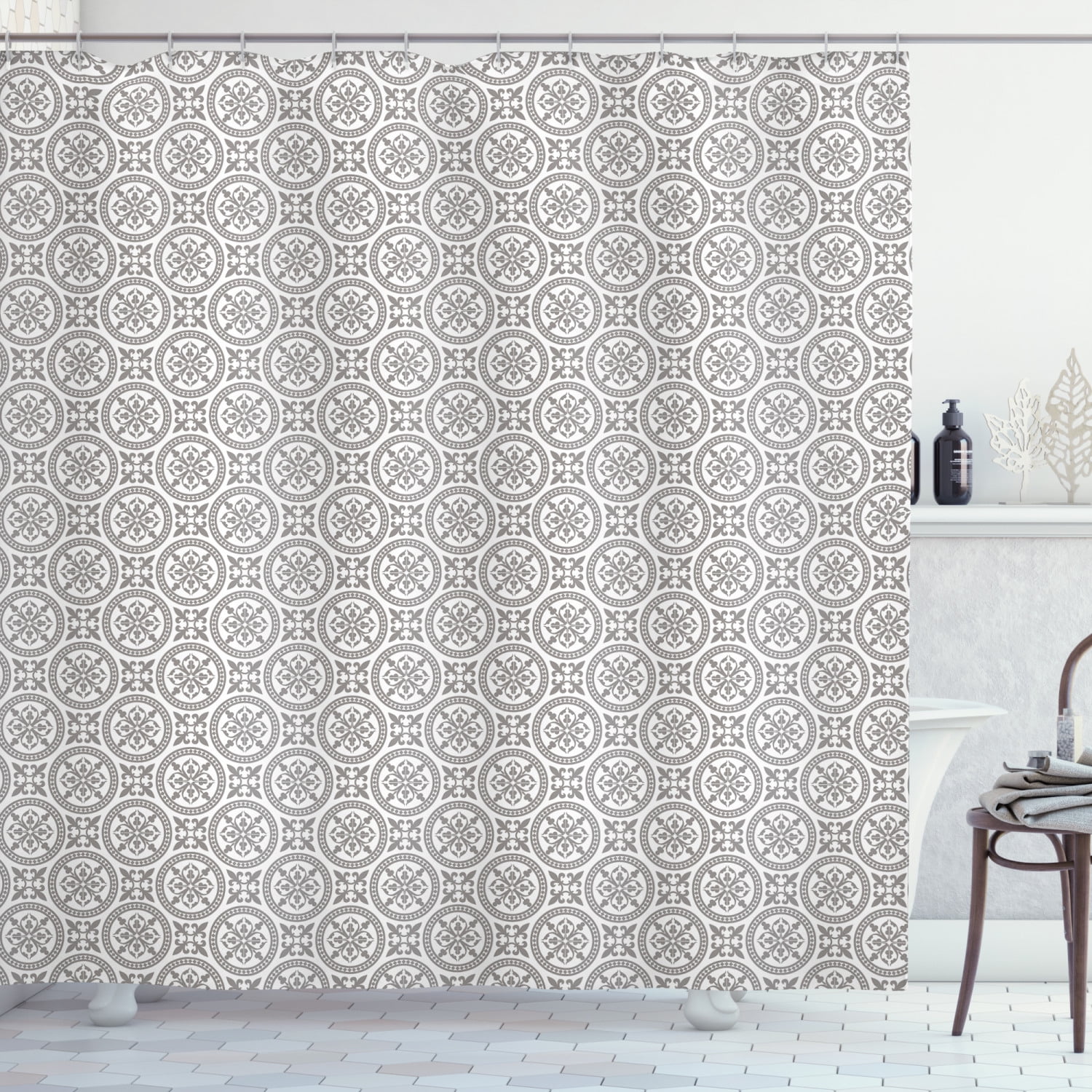 Ambesonne Grey and White Shower Curtain, Old Mosaic Circles, 69"Wx84"L ...
