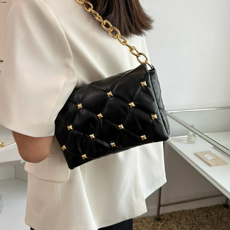 Tiyuyo Women Rivet Shoulder Bags Leather Chain Clutch Crossbody Handbag ( Black) 