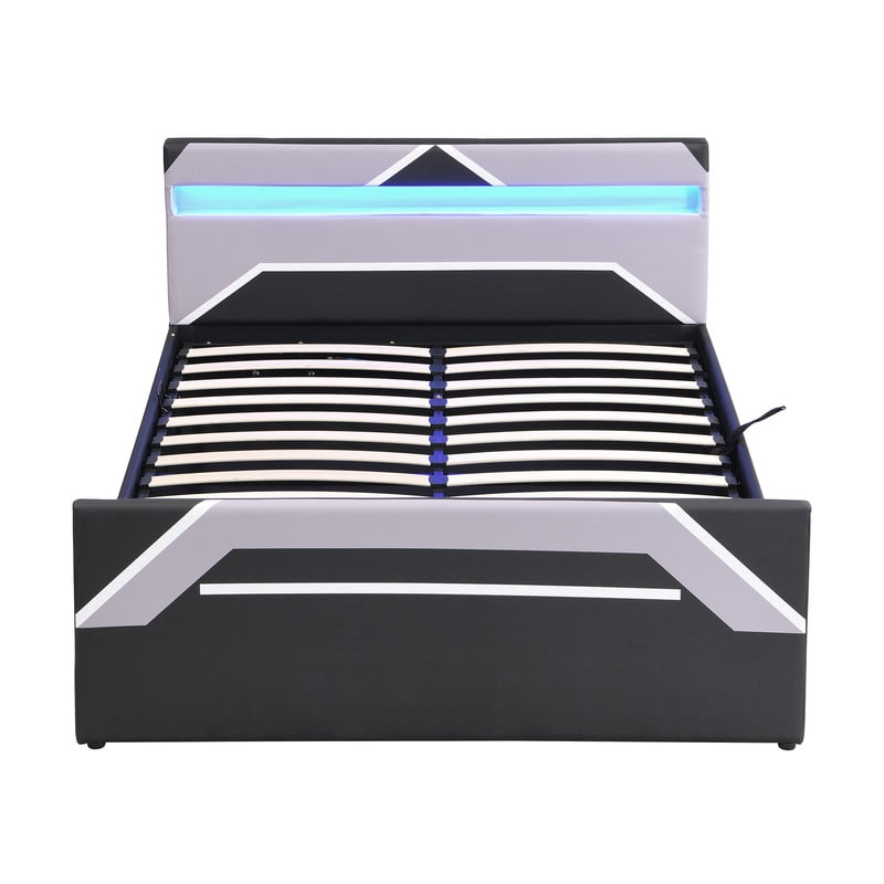 Queen Size Cyberpunk Style Low Profile Bed with LED Lighting Headboard, Hydraulic Storage Platform Bed Frame for Kids/Teens/Adults