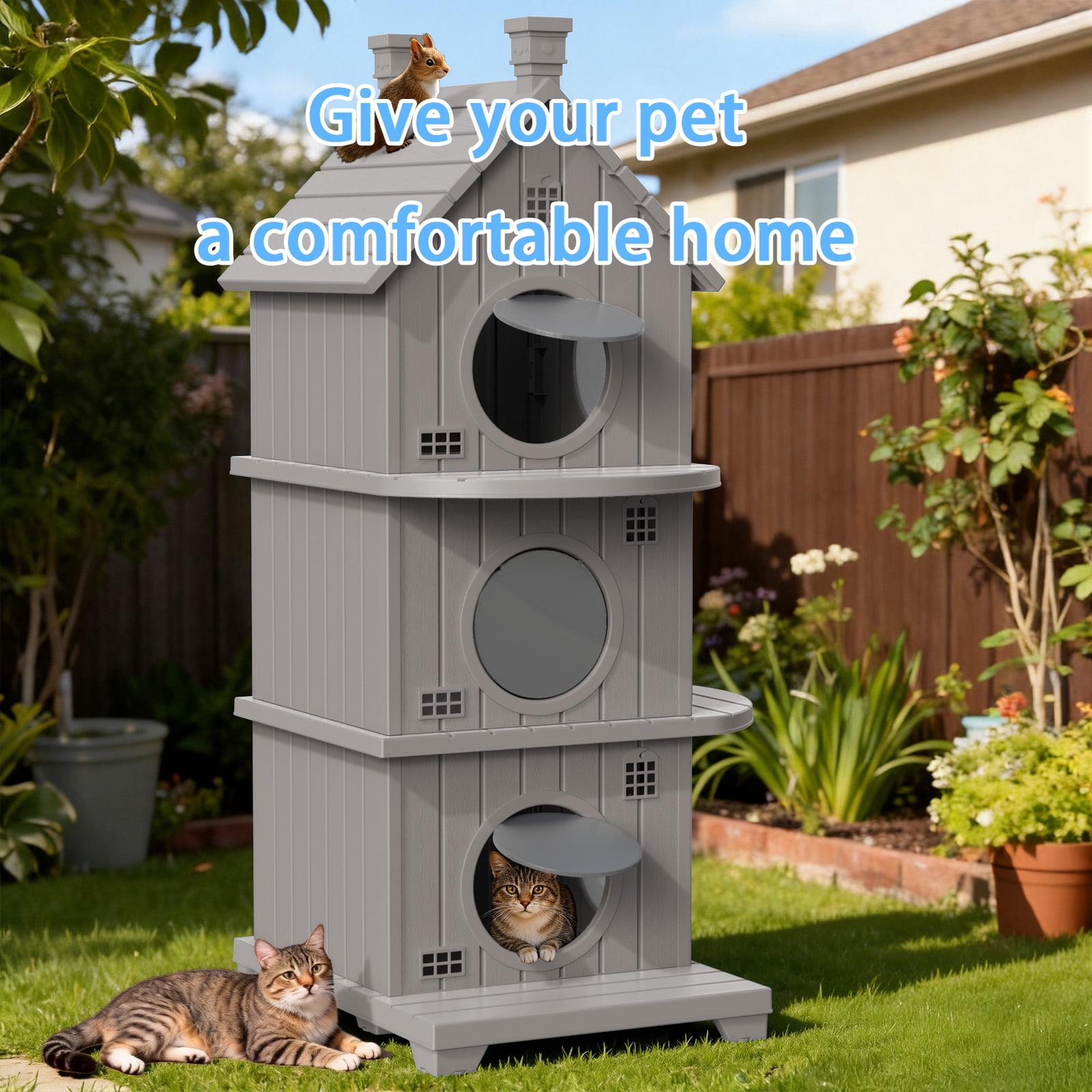 EASY UP Resin Outdoor Cat House,Villa, Multi-layer Design, Weather-resistant and Moisture-proof (Blue)