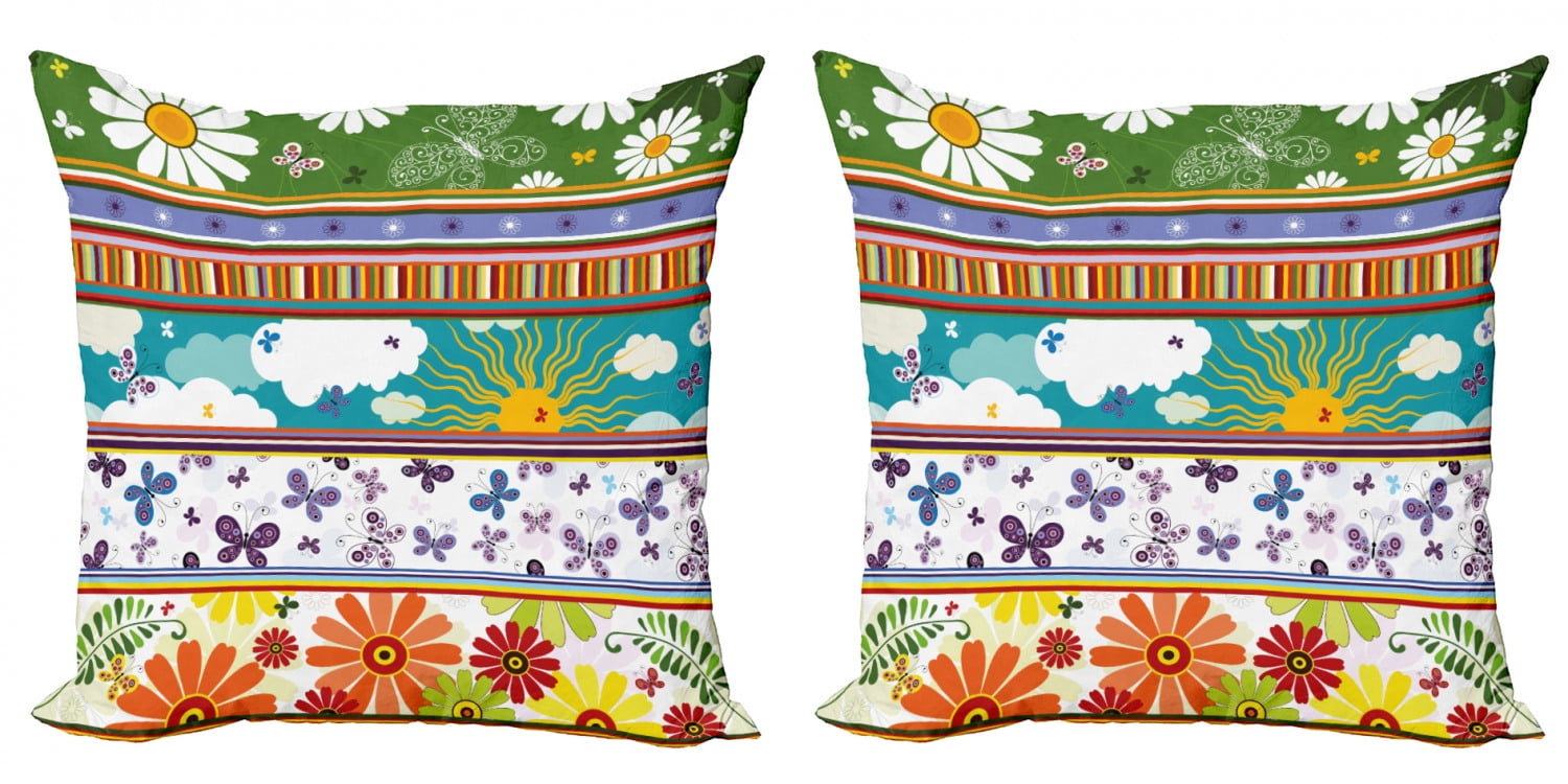 Ambesonne Colorful Throw Pillow Cover 2 Pack, Vivid Daisies Sun, 18