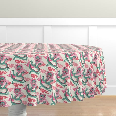 

Cotton Sateen Tablecloth 70 Round - Dragon Colourful Chinoiserie Pink Green Clouds Chinese Aqua Inspired Year Lunar Print Custom Table Linens by Spoonflower