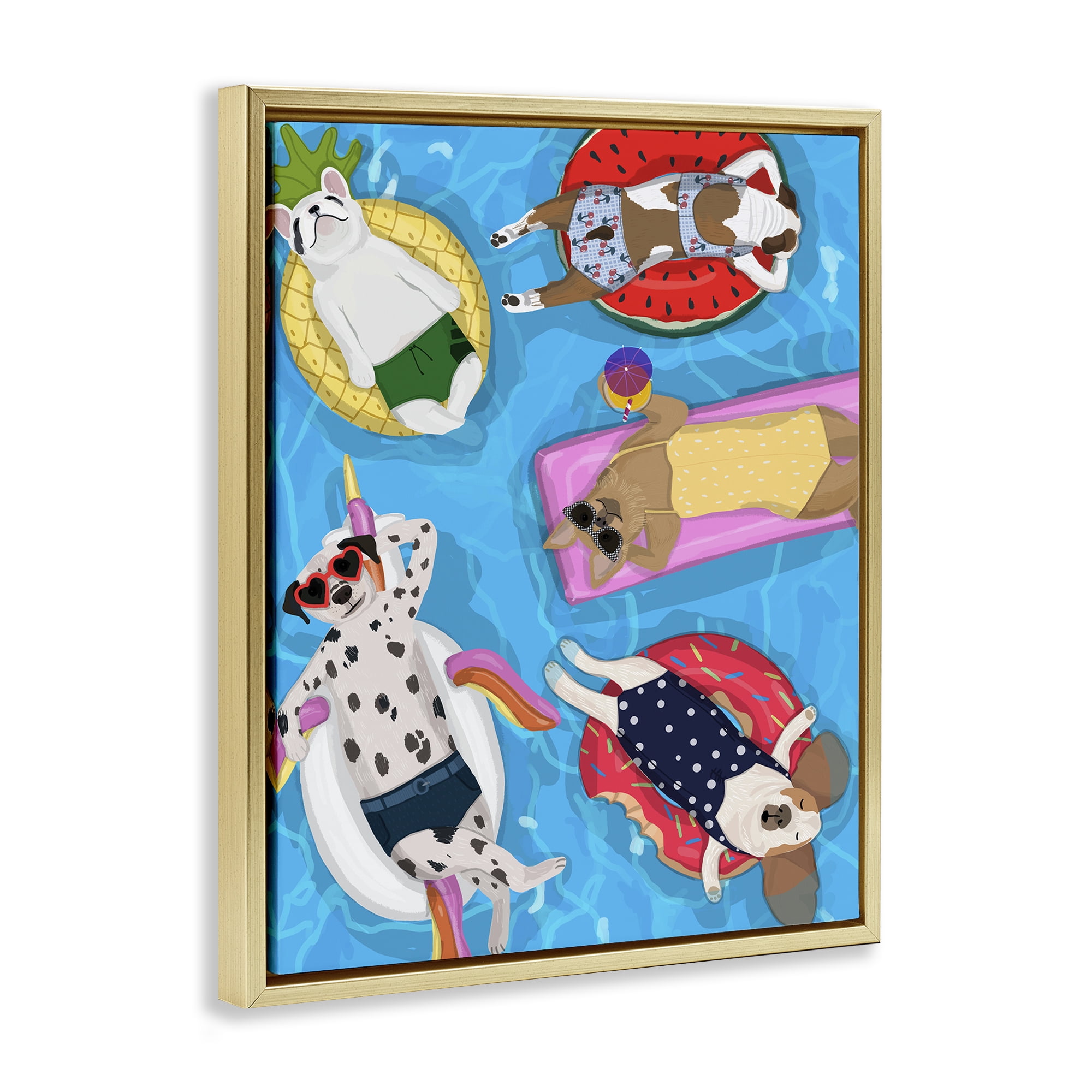 Stupell Industries Summer Sunbathing Dogs Gold Framed Floater Canvas Wall Art, design by Hanna Melin