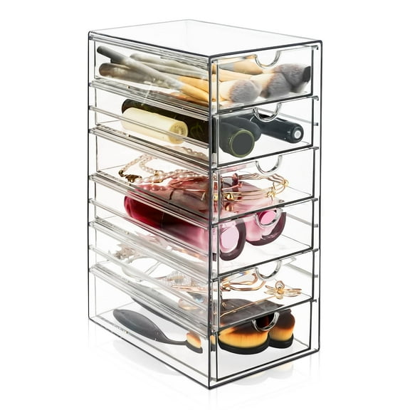 BZUEPRS Makeup Drawer Storage Organizer with 6 Drawers,6 Layers Acrylic Office Desk Organization and Storage, Dustproof Drawer Organizer for Makeup, Office, Countertop, Jewelry, Pen, Desktop