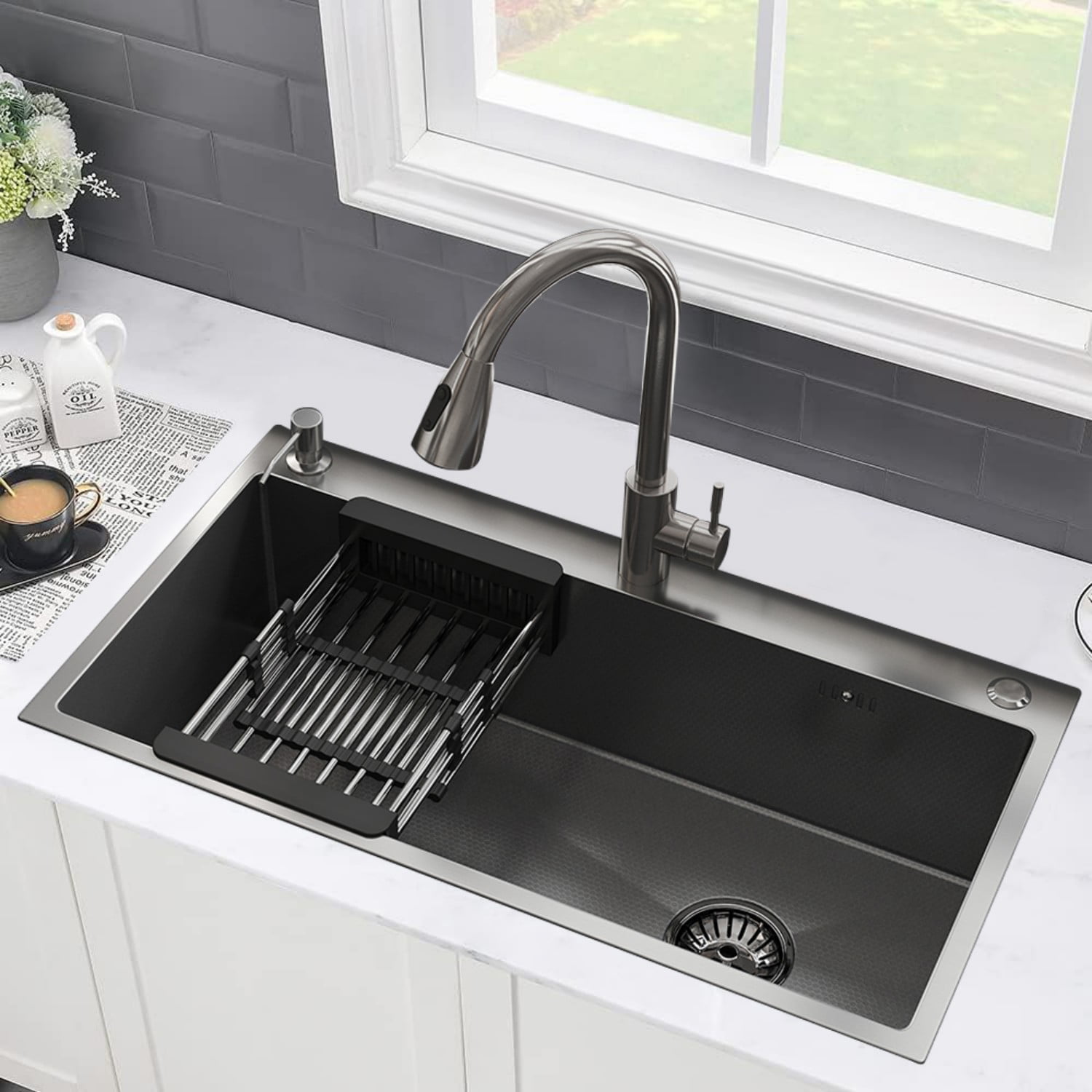 MEANDAROL 28" Drop in Kitchen Sink Stainless Steel Black Single Sink，Modern Design Durable with Multiple Accessories，Net Content: 15LB