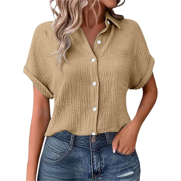YAZHPA Womens Button Down Shirts Casual Short Sleeve Dress Shirt Textured Collared Summer Clothes Work Beach Blouse, Khaki 3XL