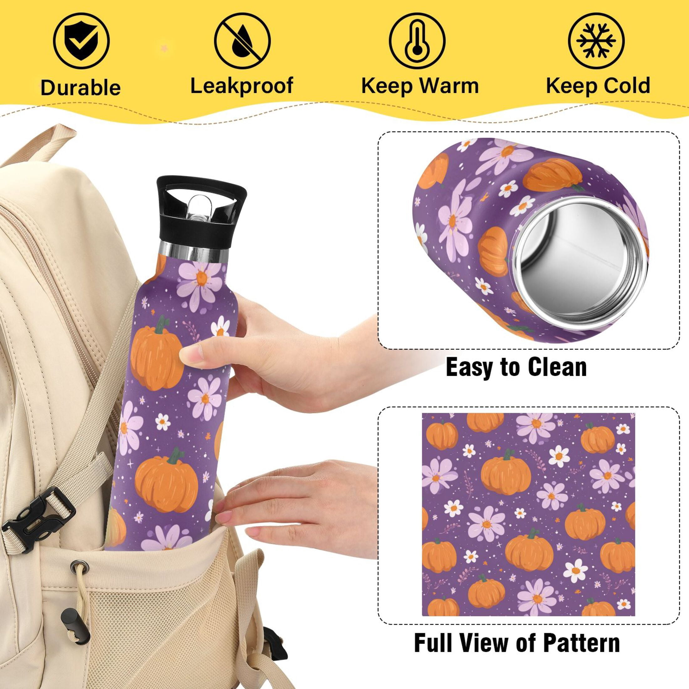 Kids Insulated Stainless Steel Sports Water Bottle 600ml (20oz) Orange Pumpkins and Flowers