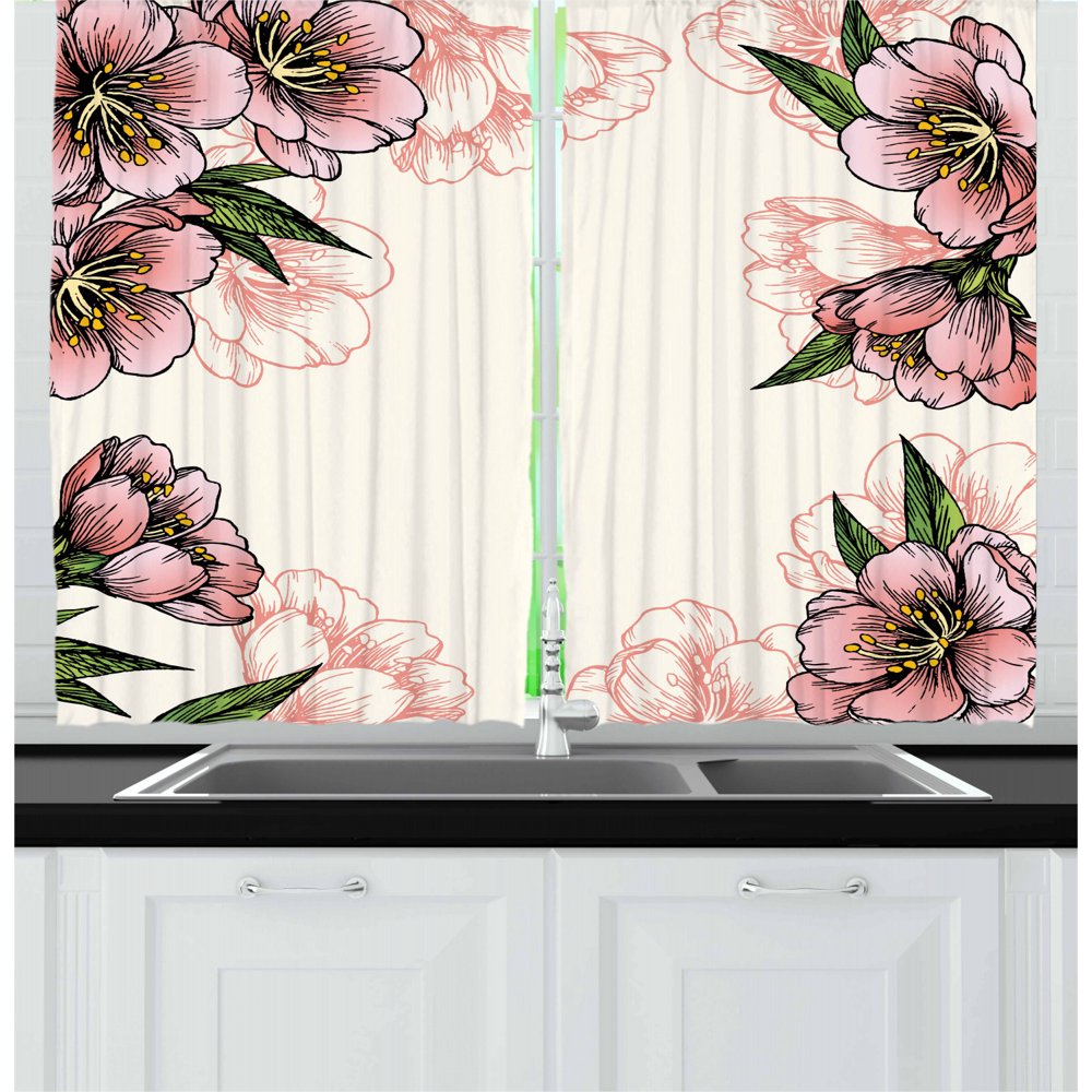 Peach Curtains 2 Panels Set, Hand Drawn Botanical Pattern Spring and