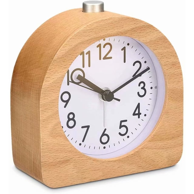 Analog Wood Alarm Clock With Snooze - Retro Clock Half-Round With Dial Alarm Light - Quiet Table Clock Without Ticking - Natural Wood In Light Brown