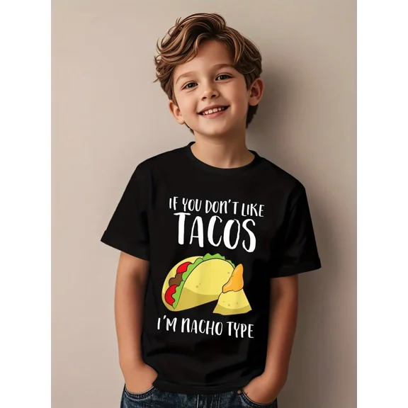 children’s wear Funny Taco Pun Graphic Tee for Boys, If You Don't Like Tacos I'm Nacho Type Kids T-Shirt, Cute Foodie Short Sleeve Cotton Top for Toddler