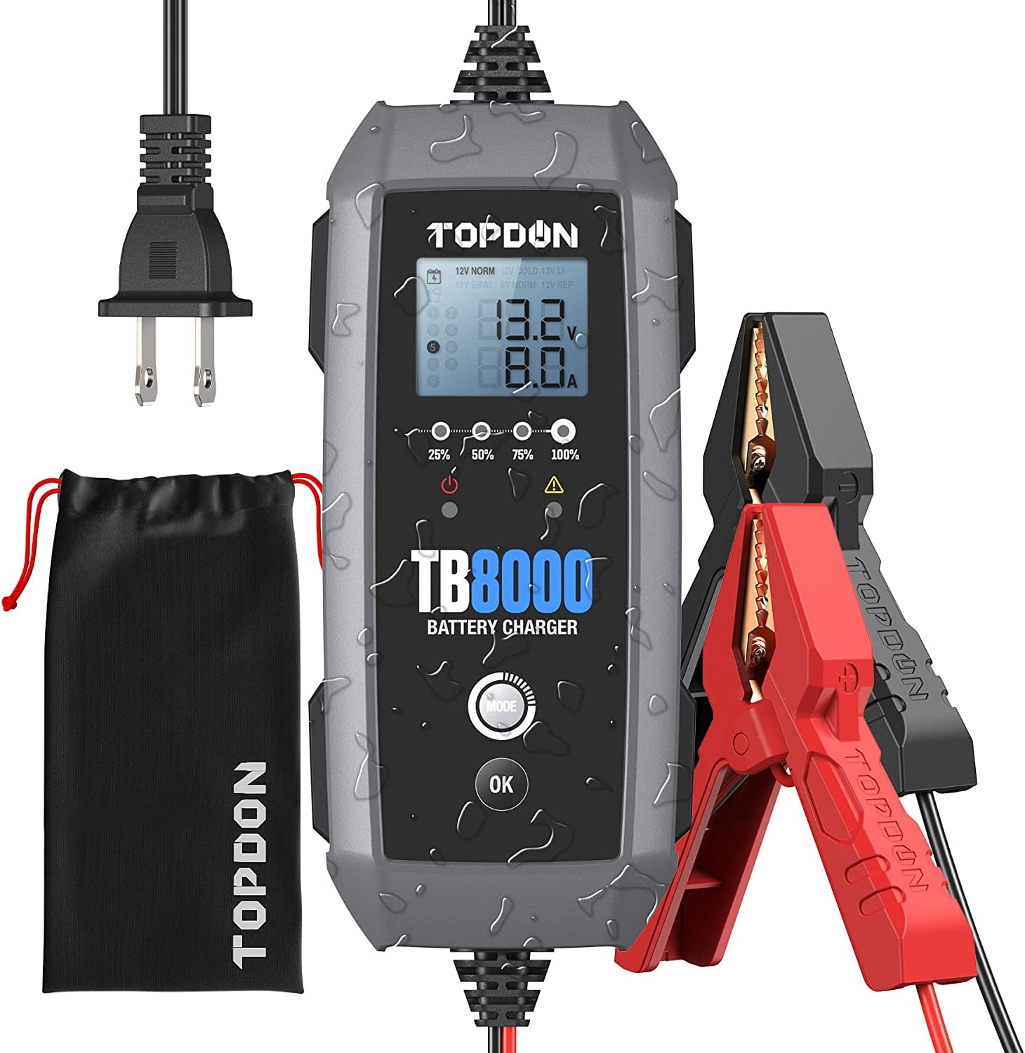 TOPDON TB8000 Car Battery Charger 8A/3A/1A 12V/6V Automotive Battery