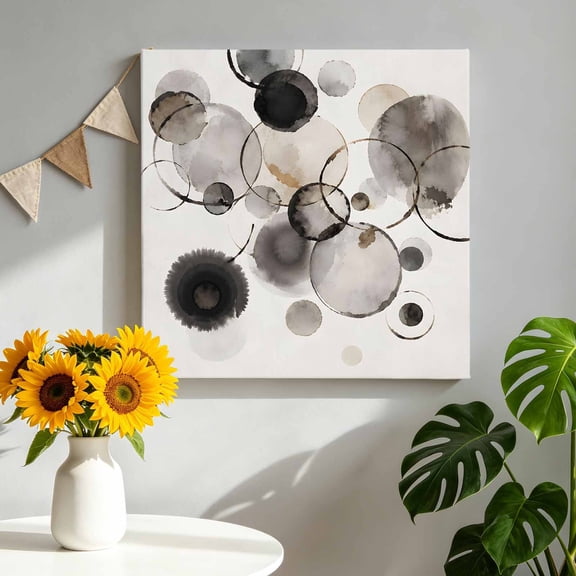 Gray Circles Canvas Wall Art, Ink Art Minimalist Abstract Watercolor Modern Beige Framed Picture Canvas Wall Art Print Decor Artwork Decorations for Living Room Bedroom Ready to Hang 12" x 12"
