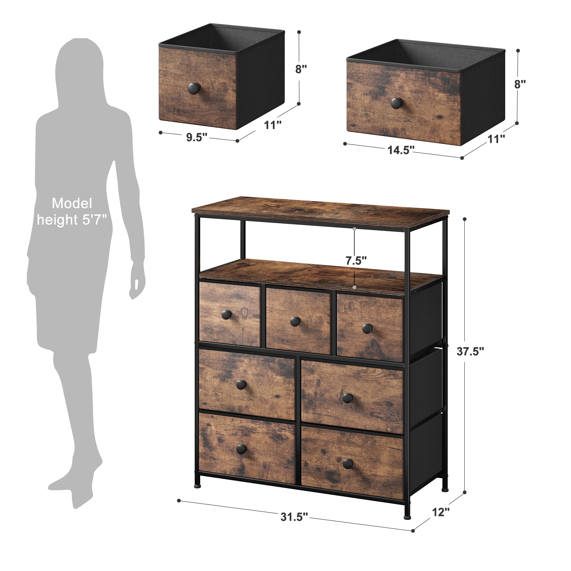 EnHomee 7 Drawer Fabric Dresser for Bedroom Chest of Drawers Storage Tower,Rustic Brown