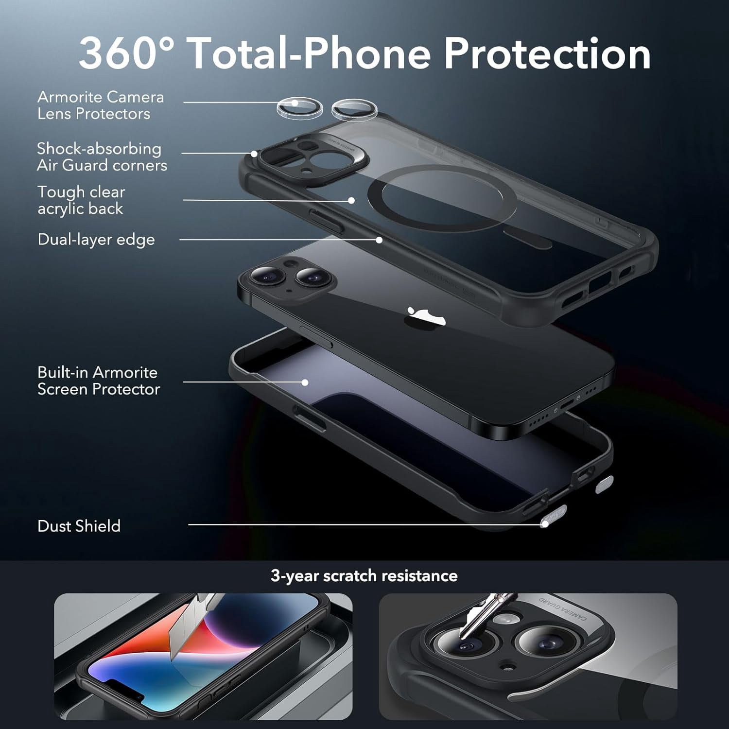 ESR for iPhone 14 Pro Max Case, Compatible with MagSafe, Full-Body Military-Grade Drop Proof Case Built-in 9H+ Tempered Glass Screen Protector, Clear Black