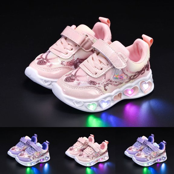 Toddler Tennis Shoes Girls Light up Shoes Sequin Mesh Cute Heart Shaped LED Flashing Thick Soft Sole Running Sneakers Purple 9 Toddler