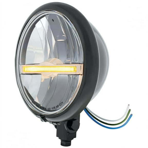 Black 5 3/4” Motorcycle Headlight - Bottom Mount - 9 LED Headlight w/Amber LED Position Light Bar