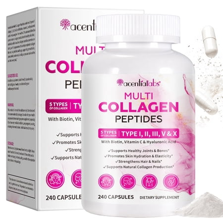 Multi Collagen Peptides Capsules, Types I, II, III, V & X Collagen with Biotin, Vitamin C, and Hyaluronic Acid, for Healthy Skin, Hair & Nails, 240 Count