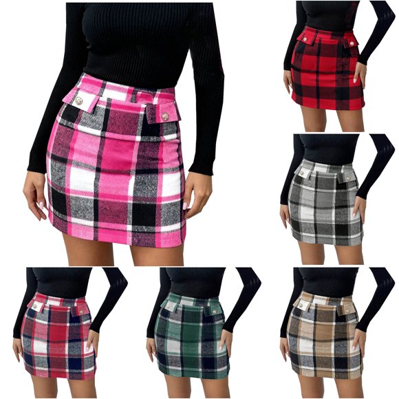 QATAINLAV Plaid Skirts for Women Christmas High Waisted Bodycon Mini Skirt with Fake Pocket Holiday Outfits, Hot Pink, M