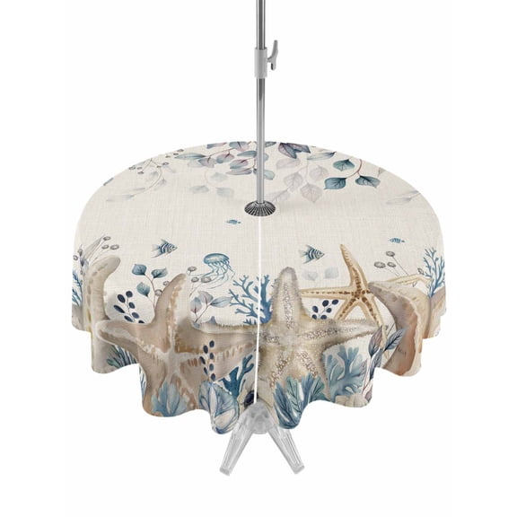 Outdoor Tablecloth with Umbrella Hole & Zipper, Blue Beige Coastal Round Tablecloth 54 Inch, Beach Starfish Summer Eucalyptus Rustic Patio Table Cover Waterproof Table Cloth for Picnic/Party