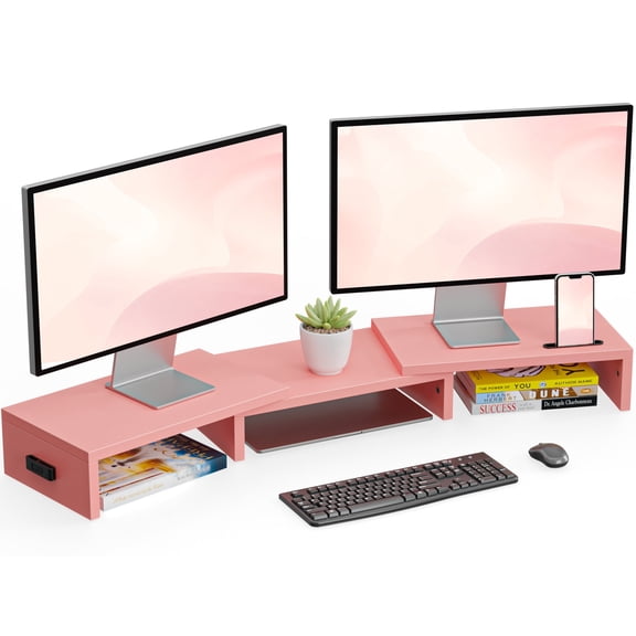 BONTEC Dual Monitor Stand Riser with Smartphone Holder, Adjustable Length & Swivel Angle, Ergonomic Wooden Desktop Organizer for PC Monitor, Laptop, Printer, Large Storage, Pink