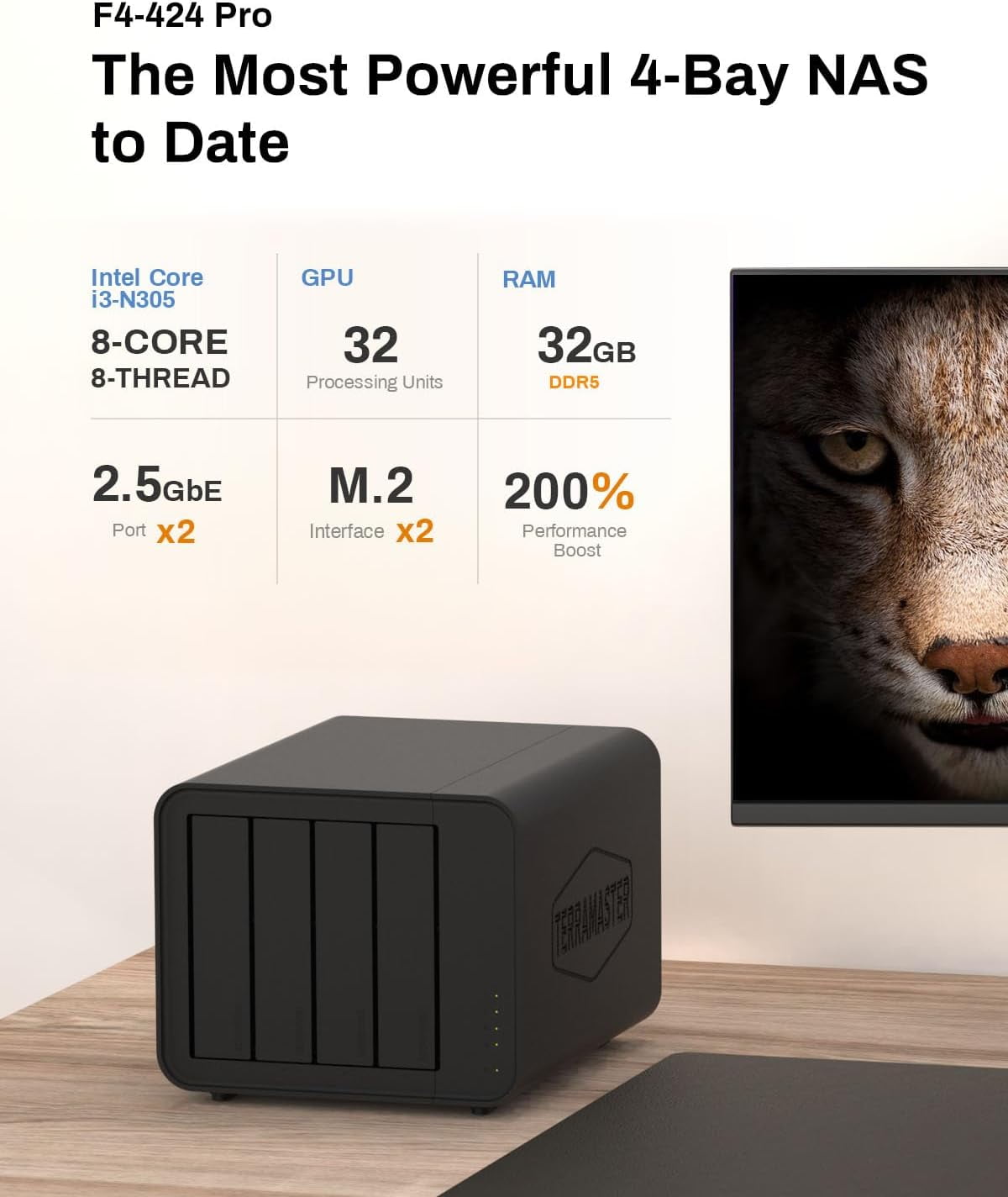 TERRAMASTER F4-424 Pro NAS Storage - 4Bay Core i3-N305 8-Core 8-Thread CPU, 32GB DDR5 RAM, 2.5GbE Port x 2, Network Attached Storage Peak Performance for Business (Diskless)
