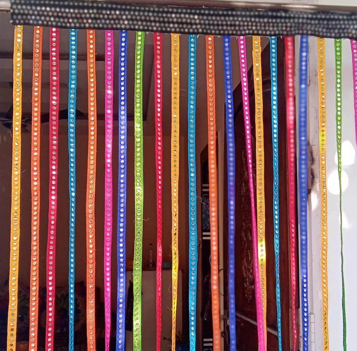 Handmade Multicolor Silk Ribbon Curtain: Boho Beaded Door Window Decor