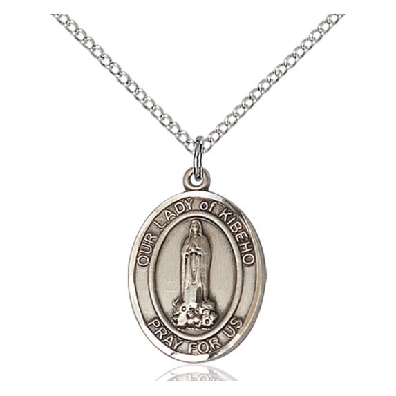 Sterling Silver Our Lady of Kibeho Pendant 3/4 x 1/2 inches with 18 inch Sterling Silver Curb Chain