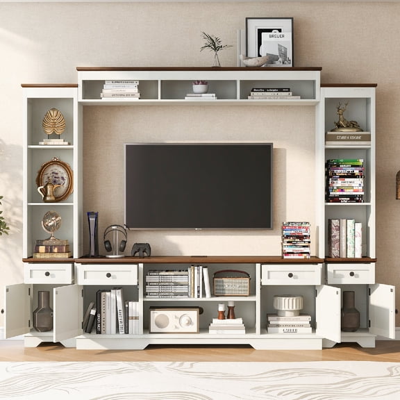 98.8" W Wall Unit Entertainment Center with Bookshelves for TVs up to 80", Modern TV Stand Media Console with Cabinets and Adjustable Shelves for Living Room, Easy Assembly, White